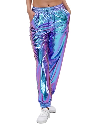 AGYMNX Damen Metallic Gl�nzend Hosen mit Kordelzug Jogger Casual Holographische Farbe High Waisted Metallic Pants Drawstring mit Taschen Disco Hip Hop Theme Party Laser Blau XL von AGYMNX