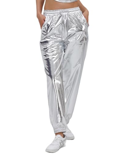 AGYMNX Damen Metallic Gl�nzend Hosen mit Kordelzug Jogger Casual Holographische Farbe High Waisted Metallic Pants Drawstring mit Taschen Disco Hip Hop Theme Party Silber L von AGYMNX