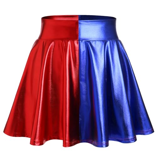 AGYMNX Damen Metallischer Faltenrock Kurz Kost�me f�r Musikfestivals Hohe Taille Y2K Rockige Kleidung PU Lederrock A-Linie Minirock Partykleid Clubwear rot mit blau L von AGYMNX