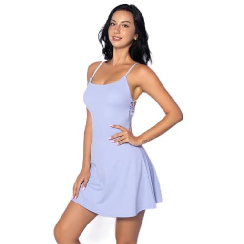 AGYMNX Damen R�ckenfrei Tenniskleid mit integriertem BH erstellbare Kreuztr�ger Golf Kleid �rmellos Spaghettitr�ger U-Ausschnitt Sport Sommerkleid mit Shorts hellblau XS von AGYMNX