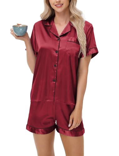 AGYMNX Damen Schlafanzug Set Ice Seide Kurzarm Schlafanzug Set V-Ausschnitt Zweiteilig Slim Damen Bequemer Schlafanzug Kurzarm Knopf Freizeit Schlafanzug Set Pyjamahose Zweiteilig Burgunderrot M von AGYMNX