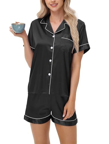 AGYMNX Damen Schlafanzug Set Ice Seide Kurzarm Schlafanzug Set V-Ausschnitt Zweiteilig Slim Damen Bequemer Schlafanzug Kurzarm Knopf Freizeit Schlafanzug Set Pyjamahose Zweiteilig Schwarz M von AGYMNX