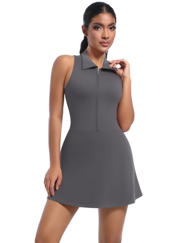 AGYMNX Damen Sportkleid Tennis Golf Kleider Sommer �rmellos Freizeitkleider Casual A-Linie Plissiert Rei�verschluss Laufbekleidung Set Dunkelgrau M von AGYMNX