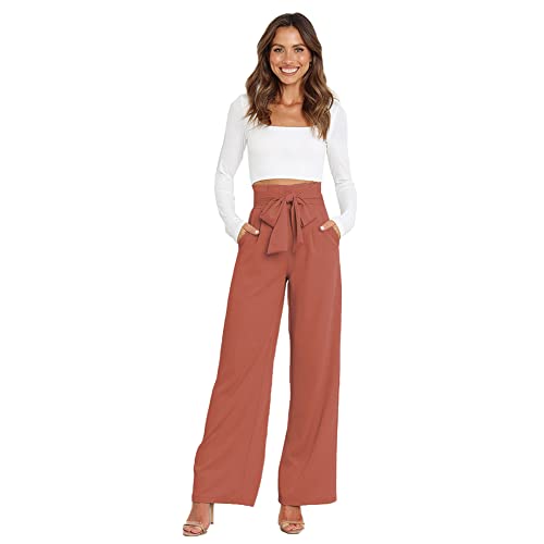 AGYMNX Damen Weite Bein Freizeithose mit Taschen Sommer Hohe Taile Palazzo Elegant Culotte Baggy D�nne Casual Stoffhose Leichte Sommerhose mit Gummizug Lange Ziegelrot L von AGYMNX