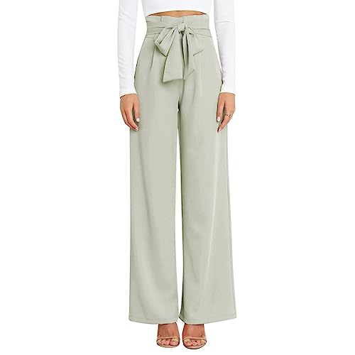 AGYMNX Damen Weite Bein Freizeithose mit Taschen Sommer Hohe Taile Palazzo Elegant Culotte Baggy D�nne Casual Stoffhose Leichte Sommerhose mit Gummizug Lange hellgr�n M von AGYMNX