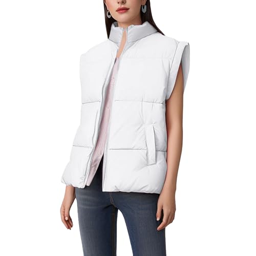 AGYMNX Damen-Westen Stepp mit Stehkragen Westen Elegant Steppweste Leicht �rmellos Jacke mit Reissverschluss Taschen Damenwesten wei� L von AGYMNX