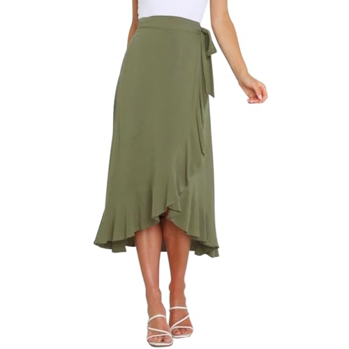 AGYMNX Damen Wickelrock A-Linie Hohe Taille Unregelm��iger Midirock R�schensaum Faltenminirock mit Bindeband Sommer Eleganter und Vielseitiger Basic Armeegr�n M von AGYMNX