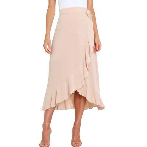 AGYMNX Damen Wickelrock A-Linie Hohe Taille Unregelm��iger Midirock R�schensaum Faltenminirock mit Bindeband Sommer Eleganter und Vielseitiger Basic Beige XL von AGYMNX