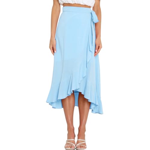 AGYMNX Damen Wickelrock A-Linie Hohe Taille Unregelm��iger Midirock R�schensaum Faltenminirock mit Bindeband Sommer Eleganter und Vielseitiger Basic Blau L von AGYMNX