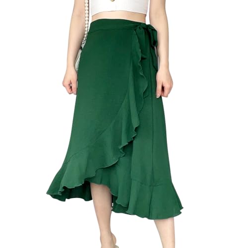 AGYMNX Damen Wickelrock A-Linie Hohe Taille Unregelm��iger Midirock R�schensaum Faltenminirock mit Bindeband Sommer Eleganter und Vielseitiger Basic Dunkelgr�n M von AGYMNX