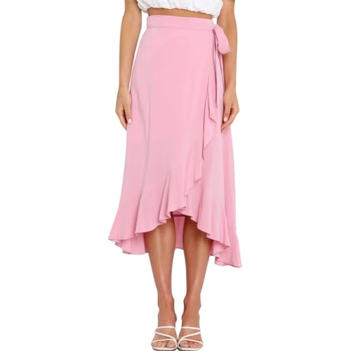 AGYMNX Damen Wickelrock A-Linie Hohe Taille Unregelm��iger Midirock R�schensaum Faltenminirock mit Bindeband Sommer Eleganter und Vielseitiger Basic Rosa S von AGYMNX