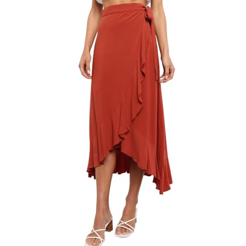 AGYMNX Damen Wickelrock A-Linie Hohe Taille Unregelm��iger Midirock R�schensaum Faltenminirock mit Bindeband Sommer Eleganter und Vielseitiger Basic Rote Farbe L von AGYMNX