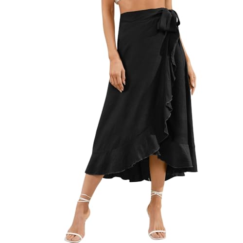 AGYMNX Damen Wickelrock A-Linie Hohe Taille Unregelm��iger Midirock R�schensaum Faltenminirock mit Bindeband Sommer Eleganter und Vielseitiger Basic Schwarz L von AGYMNX