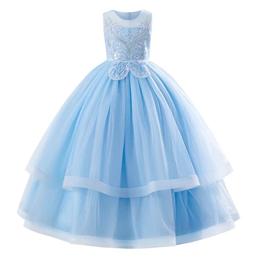 AGYMNX Kind Prinzessin Kleid Mädchen Pailletten Tüllkleid mit Perlen Tutu Geburtstag Kleid A-Linie Ärmellos Partykleid Lange Lässig Festliches Kleid Abendkleid blau 9-10Y von AGYMNX
