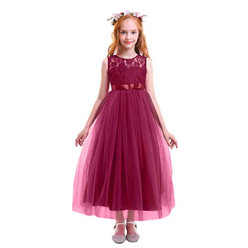 AGYMNX Mädchen Partykleid Ärmellos Rundhalsausschnitt Tütükleid Festliches Netzkleid für Kinder Spitze und Tüll Ballkleid weinrot 130 von AGYMNX