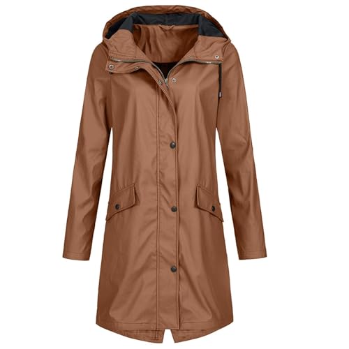 AGYMNX Regenjacke Damen Wasserdicht Atmungsaktiv Leicht Trenchcoat Langer Mantel Winddichter Jacke Kapuzenjacke Damenmantel Windjacke �bergangsmantel mit Taschen Kn�pfen Kaffee S von AGYMNX