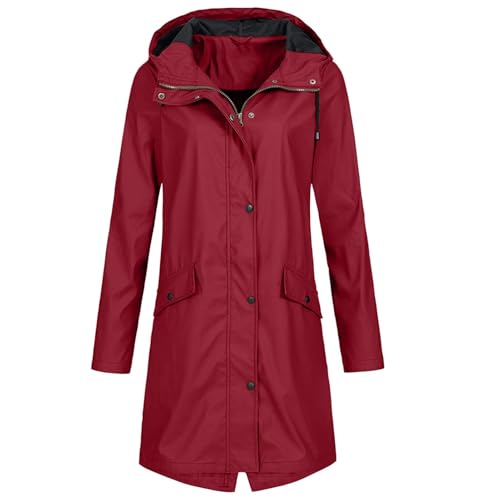 AGYMNX Regenjacke Damen Wasserdicht Atmungsaktiv Leicht Trenchcoat Langer Mantel Winddichter Jacke Kapuzenjacke Damenmantel Windjacke �bergangsmantel mit Taschen Kn�pfen Weinrot L von AGYMNX