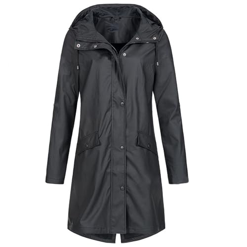 AGYMNX Regenjacke Damen Wasserdicht Atmungsaktiv Leicht Trenchcoat Langer Mantel Winddichter Jacke Kapuzenjacke Damenmantel Windjacke �bergangsmantel mit Taschen Kn�pfen Schwarz XL von AGYMNX