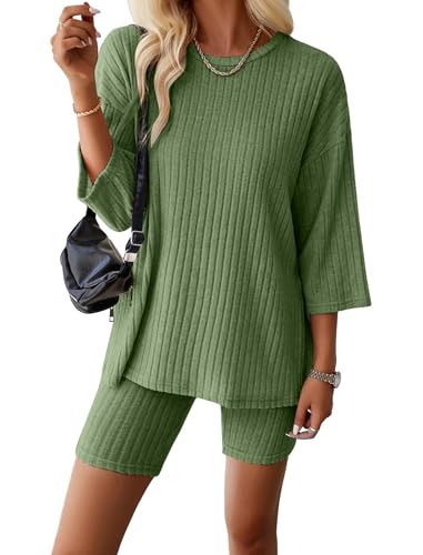 AGYMNX Schlafanzug Damen Kurze Pyjama Set Baumwolle 3/4 �rmel Gestricktes Yoga Set Rundhalsausschnitt 2 St�ck Slim Fit Frauen Bequeme Pyjamas Sportbekleidung Trainingsanzug Freizeitkleidung Gr�n L AGYMNX Schlafanzug Damen Kurze Pyjama Set Baumwolle 3/4 �rmel Gestricktes Yoga Set Rundhalsausschnitt 2 St�ck Slim Fit Frauen Bequeme Pyjamas Sportbekleidung Trainingsanzug Freizeitkleidung Gr�n L von AGYMNX
