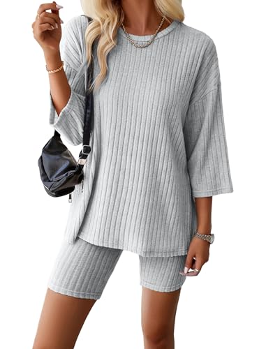 AGYMNX Schlafanzug Damen Kurze Pyjama Set Baumwolle 3/4 �rmel Gestricktes Yoga Set Rundhalsausschnitt 2 St�ck Slim Fit Frauen Bequeme Pyjamas Sportbekleidung Trainingsanzug Freizeitkleidung Grau M AGYMNX Schlafanzug Damen Kurze Pyjama Set Baumwolle 3/4 �rmel Gestricktes Yoga Set Rundhalsausschnitt 2 St�ck Slim Fit Frauen Bequeme Pyjamas Sportbekleidung Trainingsanzug Freizeitkleidung Grau M von AGYMNX