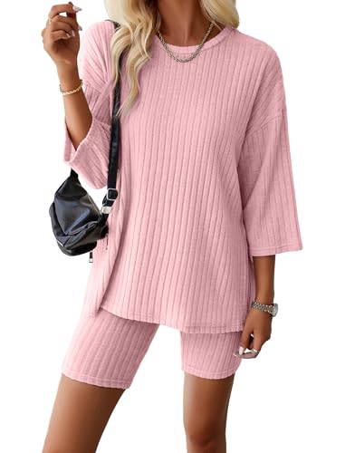 AGYMNX Schlafanzug Damen Kurze Pyjama Set Baumwolle 3/4 �rmel Gestricktes Yoga Set Rundhalsausschnitt 2 St�ck Slim Fit Frauen Bequeme Pyjamas Sportbekleidung Trainingsanzug Hellrosa XL von AGYMNX