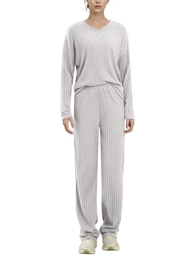 AGYMNX Schlafanzug Damen Lang Pyjama Set Baumwolle Lange �rmel Gestricktes Yoga-Sets mit V-Ausschnitt 2 St�ck Slim Fit Frauen Gem�tliche Nachtw�schee mit Taschen Sportanzug Trainingsanzug grau S von AGYMNX