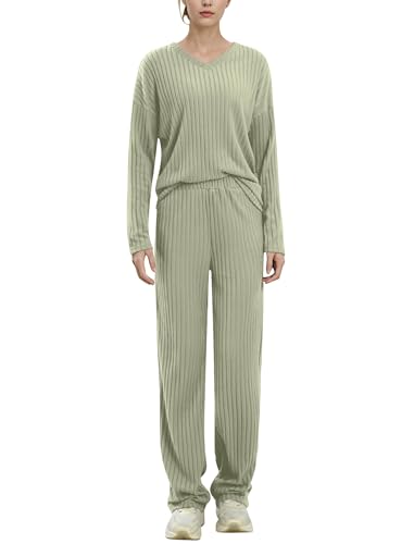AGYMNX Schlafanzug Damen Lang Pyjama Set Baumwolle Lange �rmel Gestricktes Yoga-Sets mit V-Ausschnitt 2 St�ck Slim Fit Gem�tliche Nachtw�schee mit Taschen Sportanzug Trainingsanzug Armeegr�n XS von AGYMNX