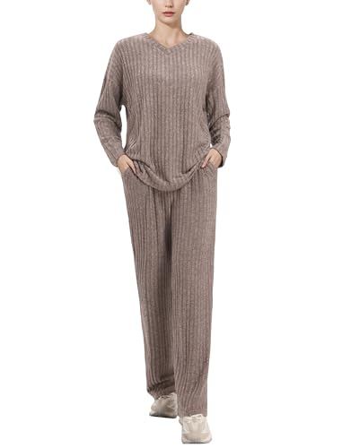 AGYMNX Schlafanzug Damen Lang Pyjama Set Baumwolle Lange �rmel Gestricktes Yoga-Sets mit V-Ausschnitt 2 St�ck Slim Fit Frauen Gem�tliche Nachtw�schee Sportanzug Trainingsanzug Blumiges Grau M von AGYMNX