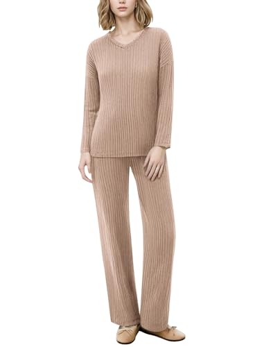 AGYMNX Schlafanzug Damen Lang Pyjama Set Baumwolle Lange �rmel Gestricktes Yoga-Sets mit V-Ausschnitt 2 St�ck Slim Fit Frauen Gem�tliche Nachtw�schee Sportanzug Trainingsanzug Helles Khaki M von AGYMNX