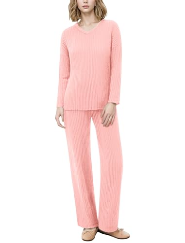 AGYMNX Schlafanzug Damen Lang Pyjama Set Baumwolle Lange �rmel Gestricktes Yoga-Sets mit V-Ausschnitt 2 St�ck Slim Fit Frauen Gem�tliche Nachtw�schee Sportanzug Trainingsanzug Rosa Farbe M von AGYMNX