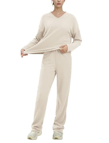 AGYMNX Schlafanzug Damen Lang Pyjama Set Baumwolle Lange Ärmel Gestricktes Yoga-Sets mit V-Ausschnitt 2 Stück Slim Fit Frauen Gemütliche Nachtwäschee mit Taschen Sportanzug Trainingsanzug beige S von AGYMNX