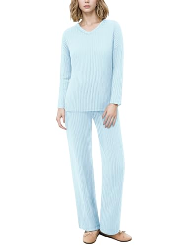 AGYMNX Schlafanzug Damen Lang Pyjama Set Baumwolle Lange �rmel Gestricktes Yoga-Sets mit V-Ausschnitt 2 St�ck Slim Fit Frauen Gem�tliche Nachtw�schee mit Taschen Sportanzug Trainingsanzug blau XS von AGYMNX