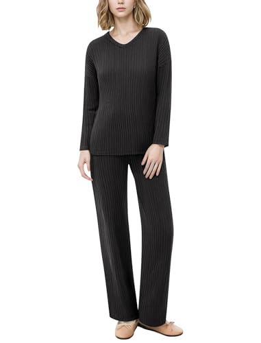 AGYMNX Schlafanzug Damen Lang Pyjama Set Baumwolle Lange �rmel Gestricktes Yoga-Sets mit V-Ausschnitt 2 St�ck Slim Fit Gem�tliche Nachtw�schee mit Taschen Sportanzug Trainingsanzug schwarz XXL von AGYMNX