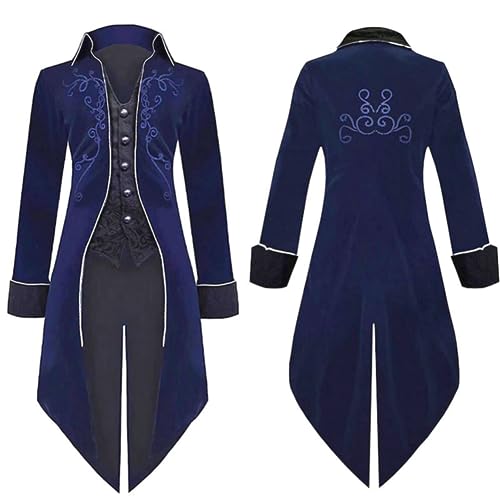 AGYMNX Steampunk Herren Mittelalter Kleidung Frack Mantel Vintage Gehrock Jacke Viktorianischen Karneval Kost�m Cosplay Halloween Fashing Smoking Frack Steam Punk Dunkelblauer Samt XL von AGYMNX