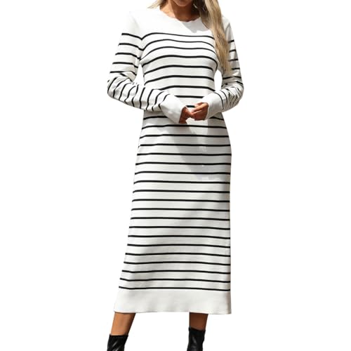 AGYMNX Strickkleid Damen Winter Langarm Kleid mit Gestreift Sexy Herbstkleid Partykleid Midikleid Knit Bodycon Dress Pulloverkleid wei? XL von AGYMNX