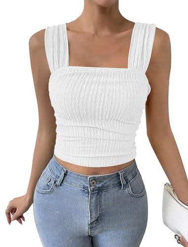 AGYMNX Tank Top Damen �rmellos Quadratischer Hals Crop Tops Sexy Fr�hling Sommer Oberteile Breiter Tr�ger Tshirt Short Slim Basic Sommer Shirt Camisole Streetwear Wei� M von AGYMNX