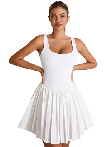 AGYMNX Tenniskleider Damen mit BH und Shorts A-Linie Golf Kleider Gerüschter Puffsaum Ärmellos Sommer Casual Sport Weiß S von AGYMNX