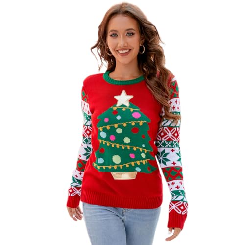 AGYMNX Weihnachtspullover Damen Strick Lustig Große Größen Weihnachtspulli Baumwolle Pullover Langärmeliger Rundhalspullover Weihnachtsbaum Druck Muster Xmas Strickpullover Weihnachtsbaum L von AGYMNX