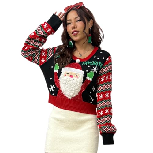 AGYMNX Weihnachtspullover Damen Strick Lustig Große Größen Weihnachtspulli Baumwolle Pullover Langärmeliger Rundhalspullover Weihnachtsbaum Druck Muster Xmas Strickpullover Weihnachtsmann S von AGYMNX