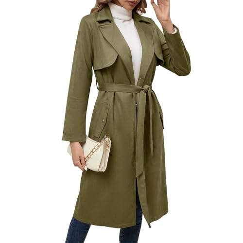AGYMNX Damen Langer Trench Damenjacke mit Taschen Übergangsmantel Mantel mit Herbstjacke Winter Casual Trenchcoat mit Gürtel Militär Grün XXL von AGYMNX