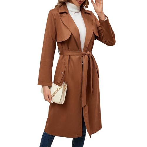 AGYMNX Damen Langer Trench Damenjacke mit Taschen Übergangsmantel Mantel mit Herbstjacke Winter Casual Trenchcoat mit Gürtel Kaffee XL von AGYMNX