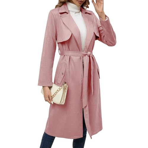 AGYMNX Damen Langer Trench Damenjacke mit Taschen Übergangsmantel Mantel mit Herbstjacke Winter Casual Trenchcoat mit Gürtel Rosa M von AGYMNX