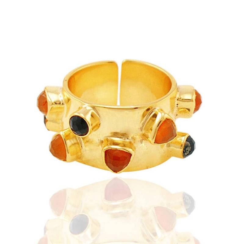 Karneol & Schwarzer Onyx Edelstein Ring 18K Vergoldetes Messing Band von AHAAVI