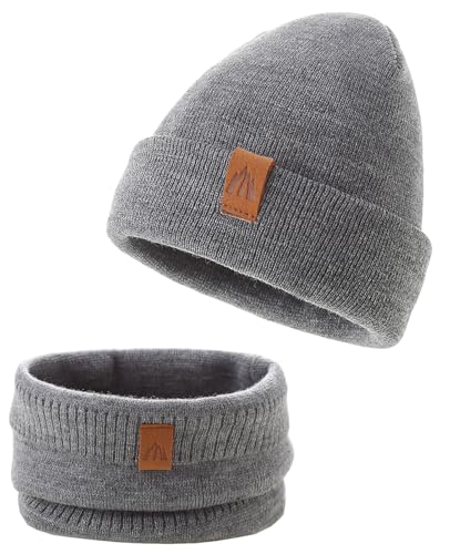 AHAHA Baby Beanie für Mädchen und Jungen Warm Baby Wintermütze Schal Ultraleichte Weich Beanie Schal Set Kinder Grau S von AHAHA
