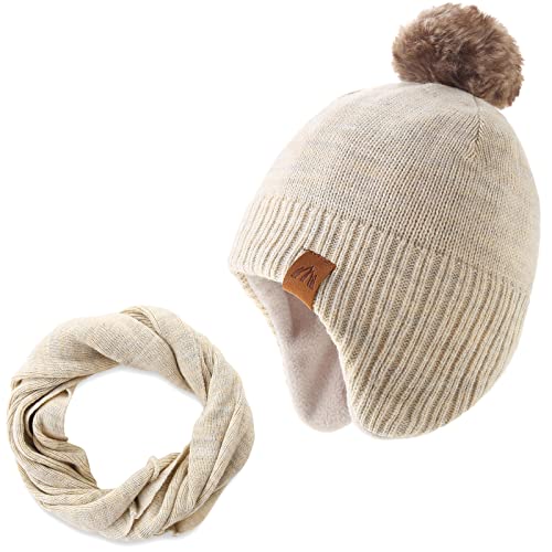 AHAHA Wintermütze Junge and Baby - Fleece-Gefüttertes Ski Beanie Kinder Strick Earflap Schal und Mütze Set,51CM von AHAHA