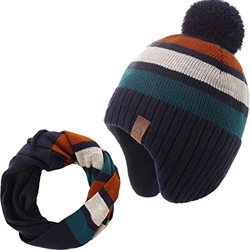 AHAHA Wintermütze Junge and Baby - Fleece-Gefüttertes Ski Beanie Kinder Strick Earflap Schal und Mütze Set,51CM von AHAHA