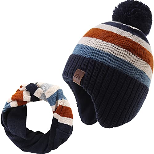 AHAHA Wintermütze Junge and Baby - Fleece-Gefüttertes Ski Beanie Kinder Strick Earflap Schal und Mütze Set,51CM von AHAHA