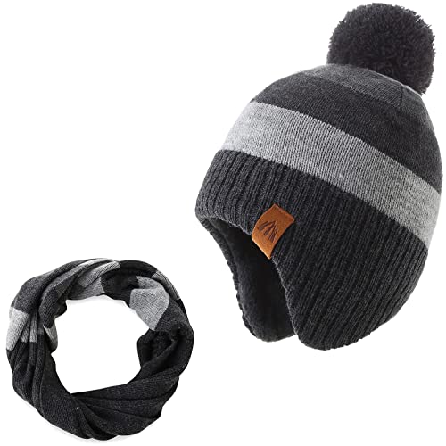 AHAHA Wintermütze Junge and Baby - Fleece-Gefüttertes Ski Beanie Kinder Strick Earflap Schal und Mütze Set,55CM von AHAHA