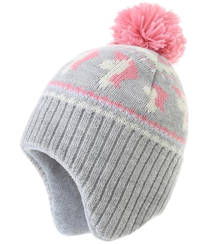 AHAHA Wintermütze Mädchen Kinder Beanie Earflap Pompon Baby Strickmütze Mädchen Grau Horse 51CM von AHAHA