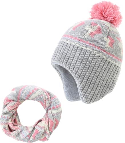 AHAHA Wintermütze Mädchen Kinder Beanie Earflap Pompon Baby Strickmütze Mädchen Grau Horse Set 55CM von AHAHA